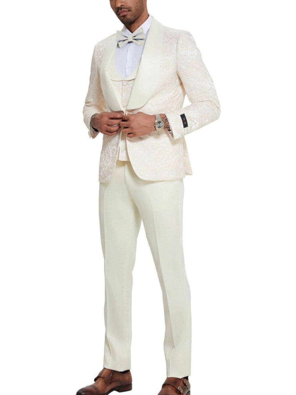 Ivory Textured Paisley Wide Shawl Lapel 3 Piece Fashion Men's Suit